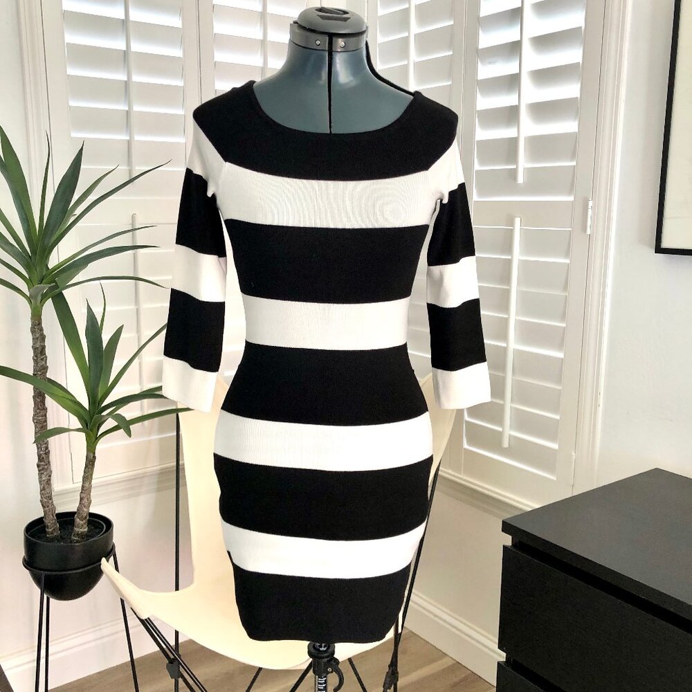 INC International Concepts Black and White Striped Knit Mini Dress, Size XS